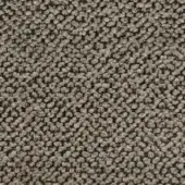 Textured fabric sample in muted gray-brown with a dense, grid-like pattern of looped elements, revealing a darker woven base and “formitalia” label.